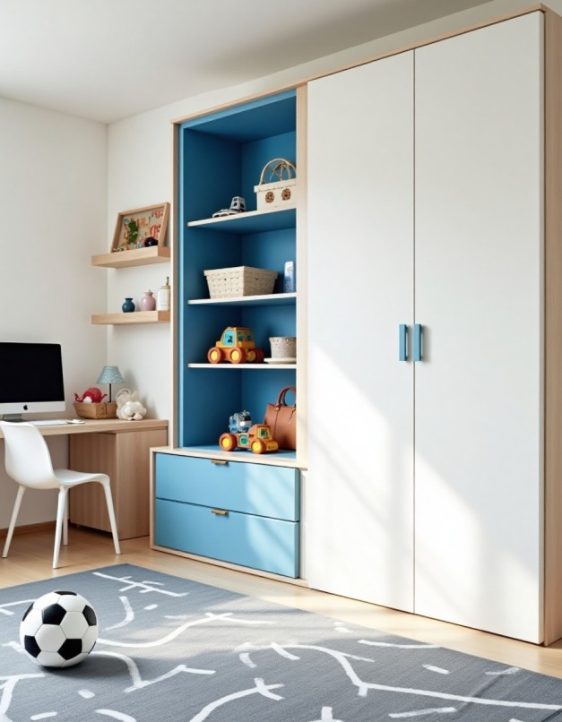 Quarto infantil montessoriano planejado com cama baixa, estantes acessíveis e cores claras, promovendo autonomia e segurança para o desenvolvimento do seu filho em Sorocaba