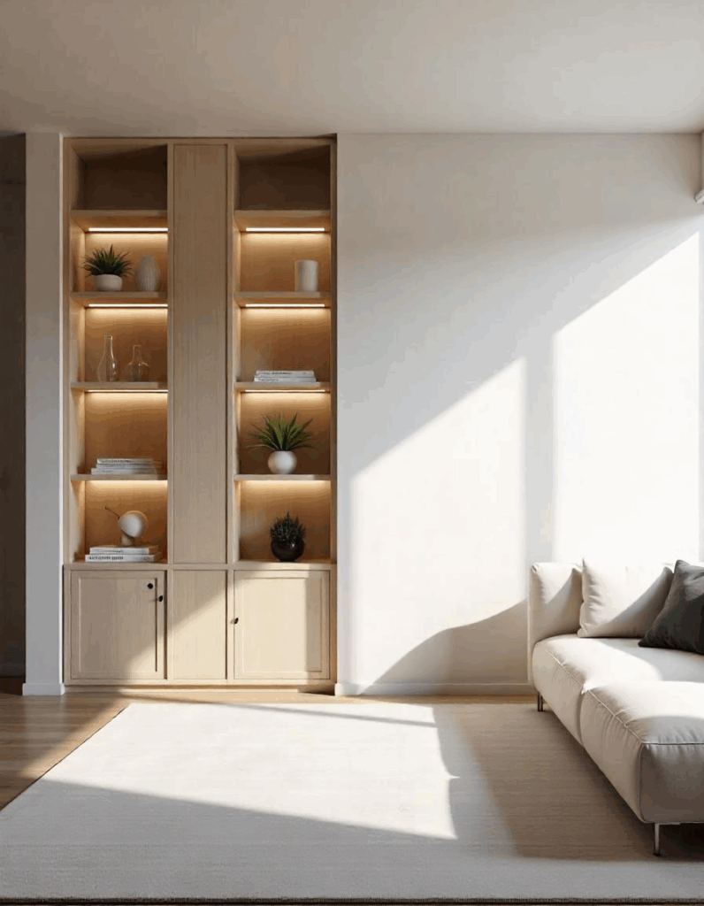 Uma parede com nichos e prateleiras decoradas de forma minimalista, mostrando como podem ser funcionais e bonitas.