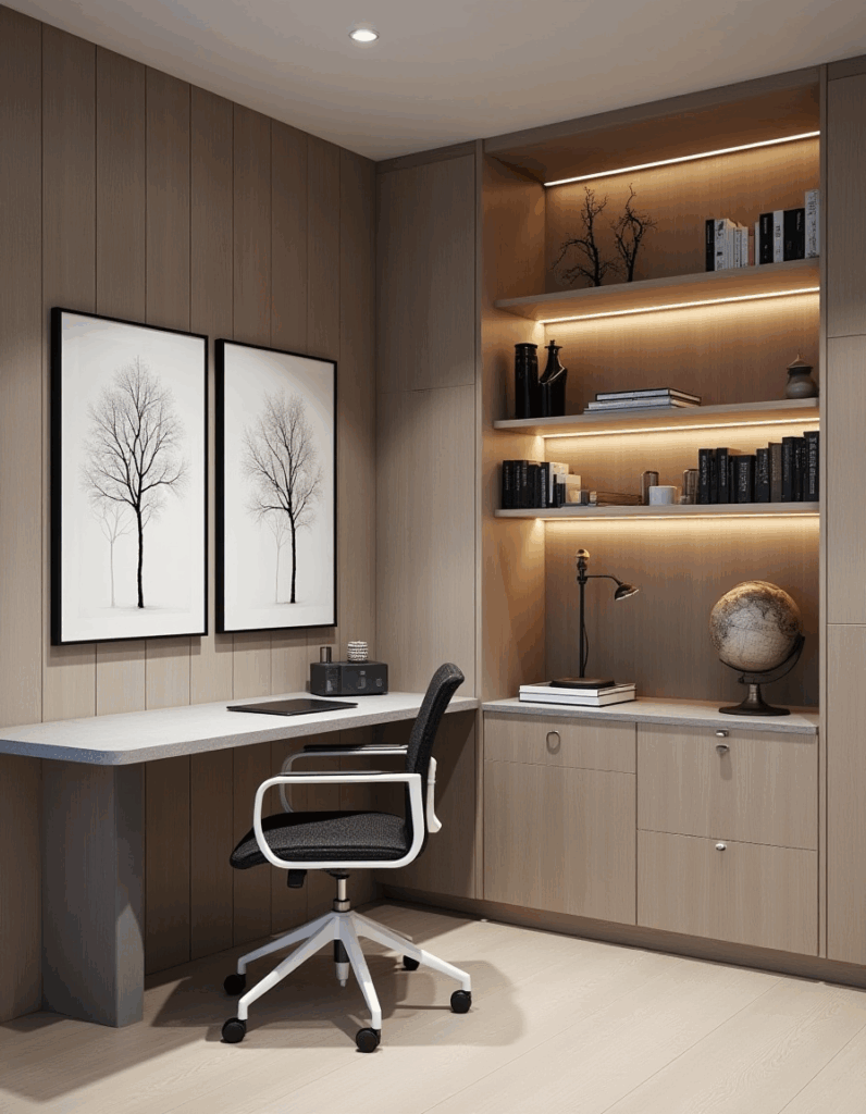 Quarto de apartamento pequeno com móveis planejados inteligentes e espelhados.
