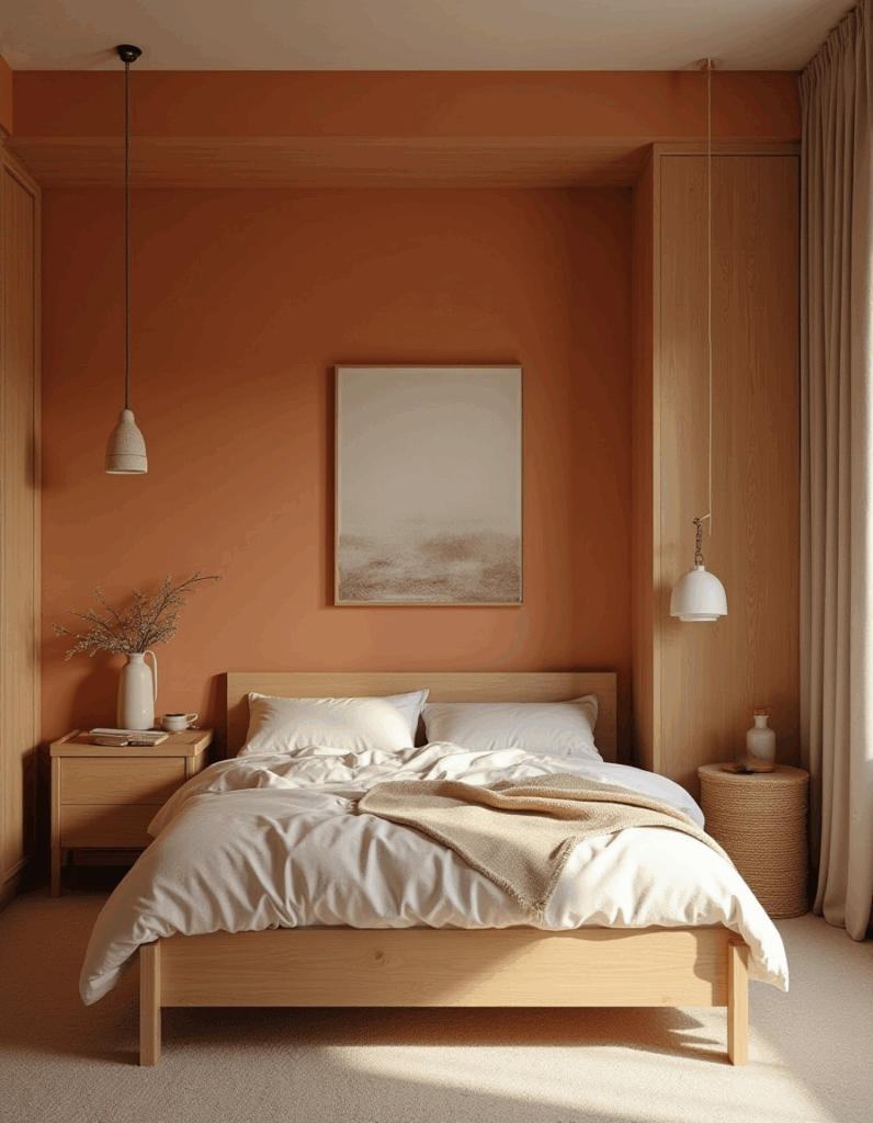 Um quarto de casal com tons claros, tecidos macios e uma atmosfera relaxante.