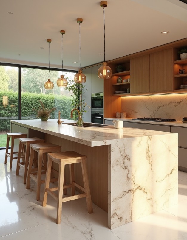 Uma cozinha planejada luxuosa e ampla em Alphaville, com ilha central, acabamentos de alta qualidade e boa iluminação.