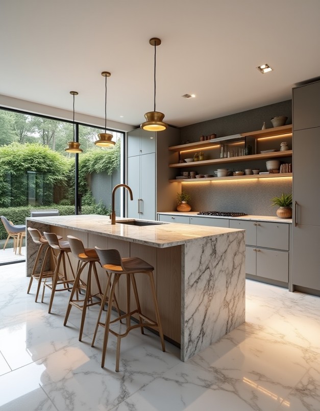 Uma ilha de cozinha elegante com cooktop, coifa e banquetas, mostrando um ambiente convidativo para socialização.