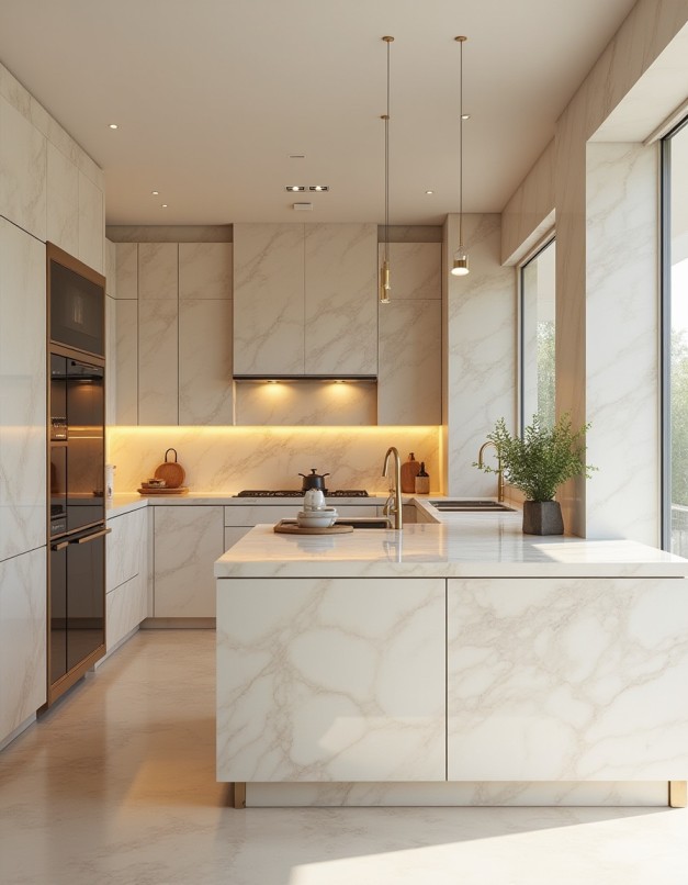 Um ambiente de cozinha com diferentes pontos de luz: spots no teto, fitas de LED sob os armários e pendentes sobre a ilha.