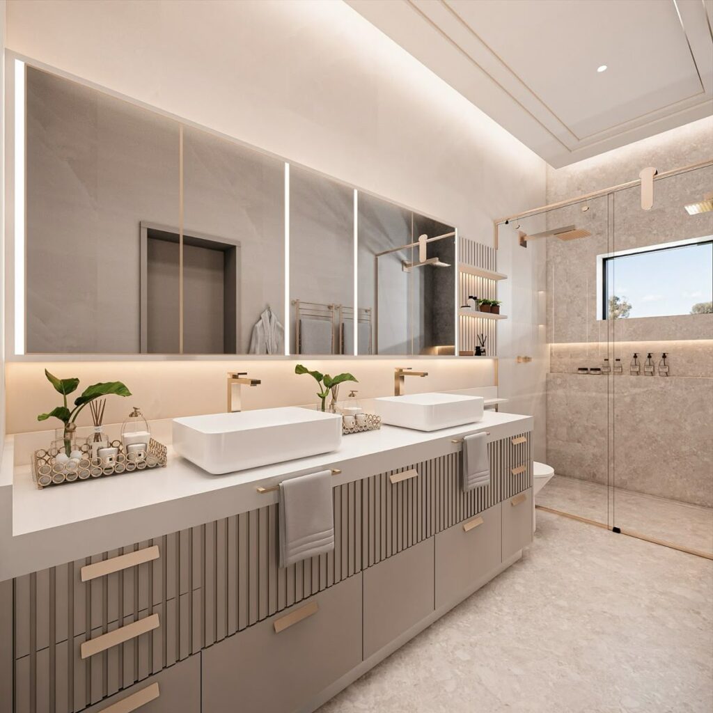 Transforme seu banheiro master em Alphaville com móveis planejados. Crie um spa urbano com design exclusivo e funcionalidade que valorize seu imóvel.