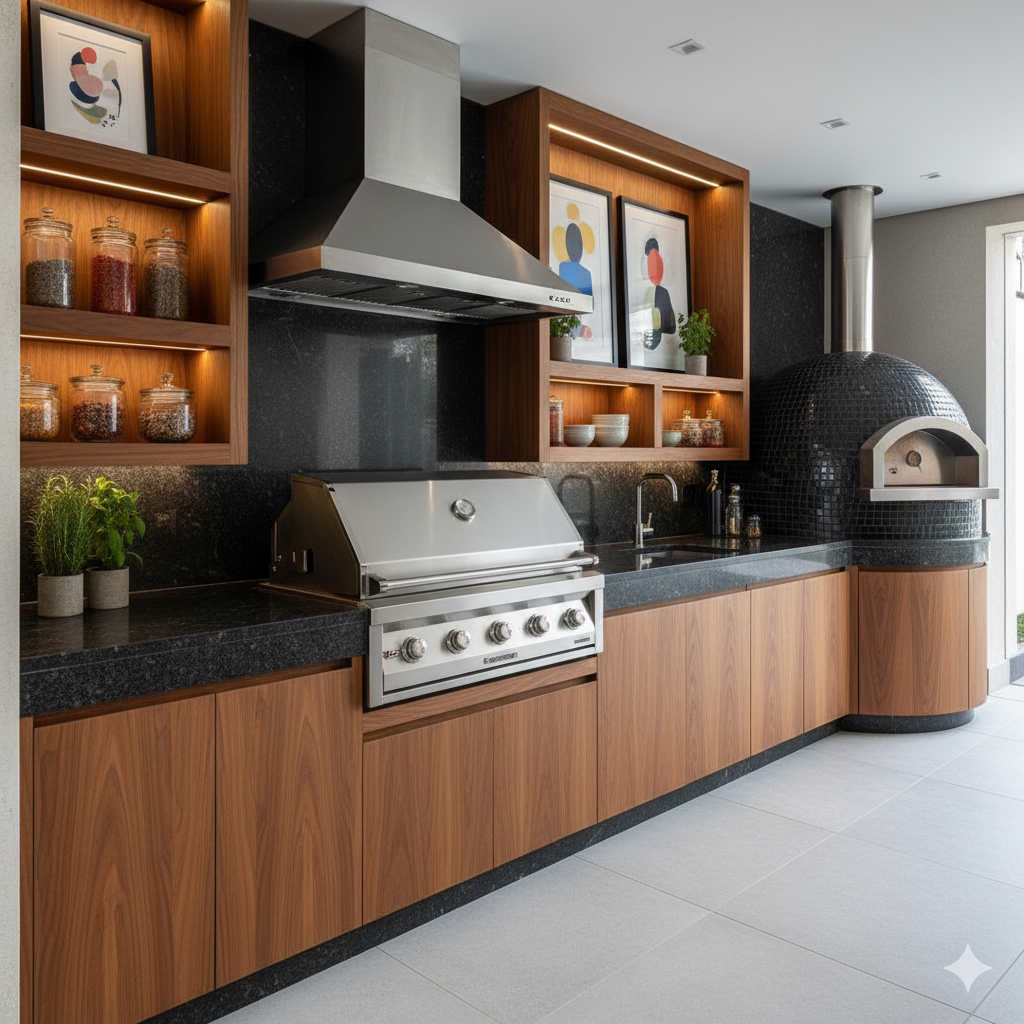 Elegante área gourmet planejada em Alphaville com churrasqueira embutida, bancada em mármore e móveis sob medida para convívio social