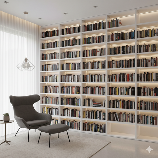 Elegante móveis para biblioteca planejada em São Roque com estantes de madeira, iluminação embutida e uma poltrona de leitura.