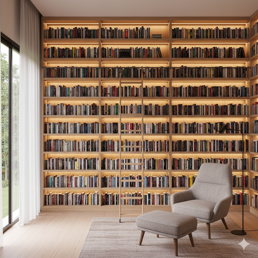Elegante móveis para biblioteca planejada em São Roque com estantes de madeira, iluminação embutida e uma poltrona de leitura.