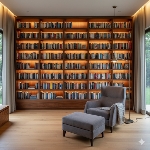 Elegante móveis para biblioteca planejada em São Roque com estantes de madeira, iluminação embutida e uma poltrona de leitura.