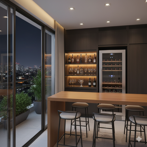 Elegante varanda gourmet planejada em Campinas com mesa de jantar em madeira, churrasqueira embutida e paisagismo integrado.