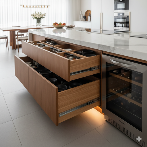 Cozinha planejada decorada com móveis planejados casafinna com detalhe para gaveta aberta