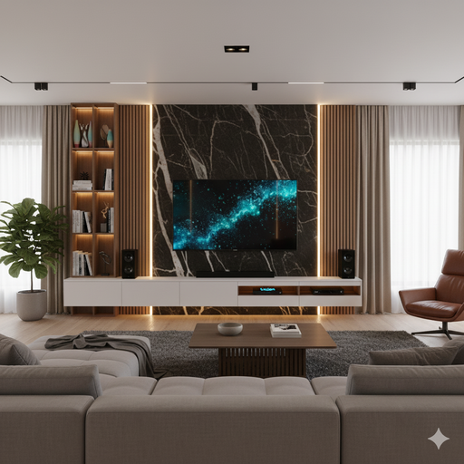 Sala de TV planejada em Campinas, onde o painel de TV se torna o centro do living planejado, unindo conforto e tecnologia.