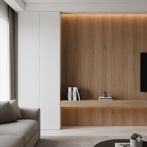 Um ambiente que mostre a combinação de Laca (em uma porta) e Laminado Amadeirado (em um painel ou prateleira), destacando o contraste de texturas.