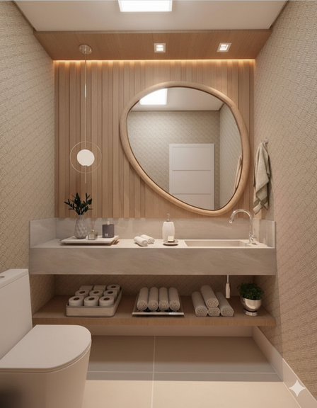 Um banheiro com gabinete planejado flutuante, que se encaixa perfeitamente na parede, com a louça.