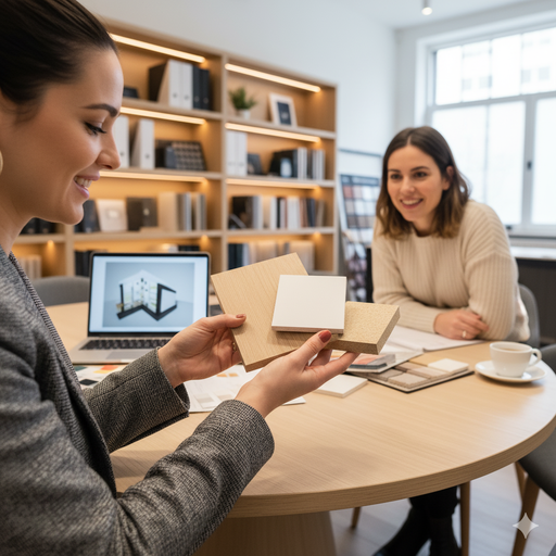 Um cliente em uma sala de consultoria da Casa Finna, olhando amostras de materiais (MDF, Laminado, Laca) na mão de um designer.