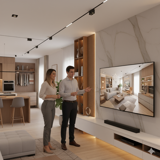 Um cliente sorrindo dentro da loja da Casa Finna em Sorocaba, ao lado de um consultor que aponta para um projeto na tela.