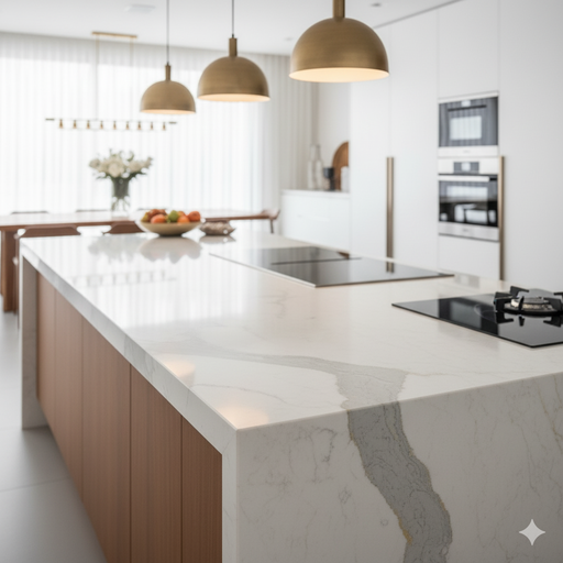 Um close-up da ilha mostrando gavetões abertos com divisórias internas e, talvez, um frigobar embutido.