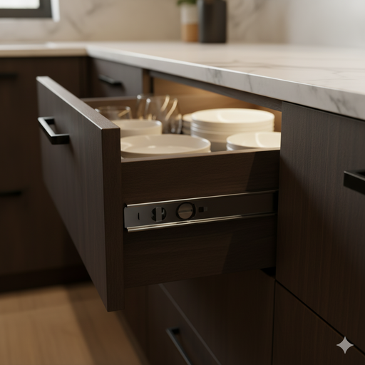 Um close-up de uma gaveta aberta com sistema de amortecimento (fechando suavemente) ou uma ferragem especial de canto de cozinha.