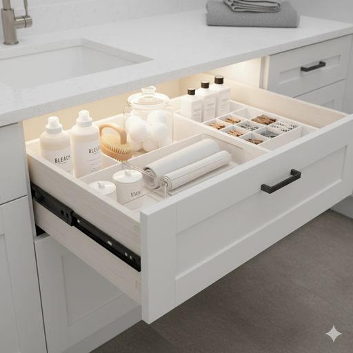 Um close-up de uma tábua de passar retrátil embutida em um armário ou uma gaveta com divisórias para produtos.