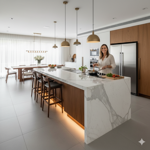 Um close-up dos pendentes sobre a ilha e o material da bancada em destaque (mármore ou quartzo).