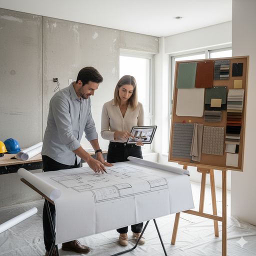 Um consultor da Casa Finna conversando com o cliente no apartamento em reforma, olhando para a planta ou projeto 3D.