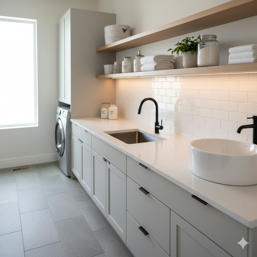 Uma bancada de lavanderia com um tanque discreto e cubas de apoio, mostrando a área de trabalho para dobrar roupas.