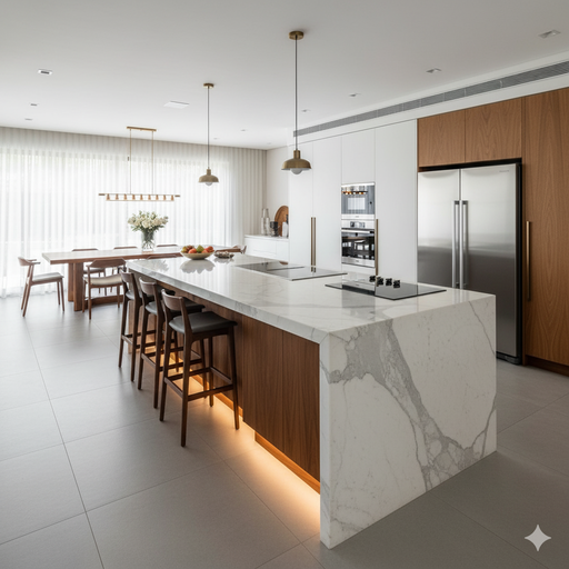 Uma cozinha planejada ampla em Alphaville, com uma ilha central grande e imponente, mostrando a conexão com a área de jantar