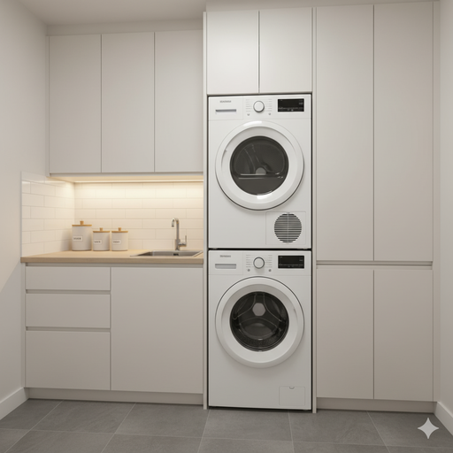 Uma lavanderia compacta com máquina de lavar e secar em torre (uma sobre a outra) e armários embutidos que vão até o teto.
