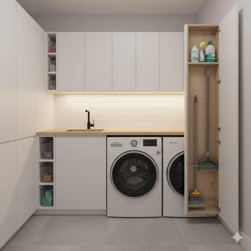 Uma lavanderia compacta, mas bem organizada, com armários que escondem vassouras e produtos de limpeza.