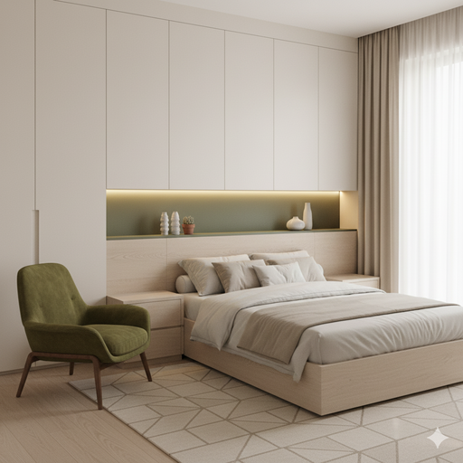 Uma sala de estar ou dormitório planejado com móveis em tons de bege ou off-white, combinados com um toque de verde-oliva em uma poltrona ou nicho.
