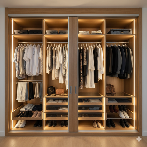 Uma vista de um guarda-roupa de casal planejado com portas de correr e um interior organizado com divisórias, gavetas e cabideiros.